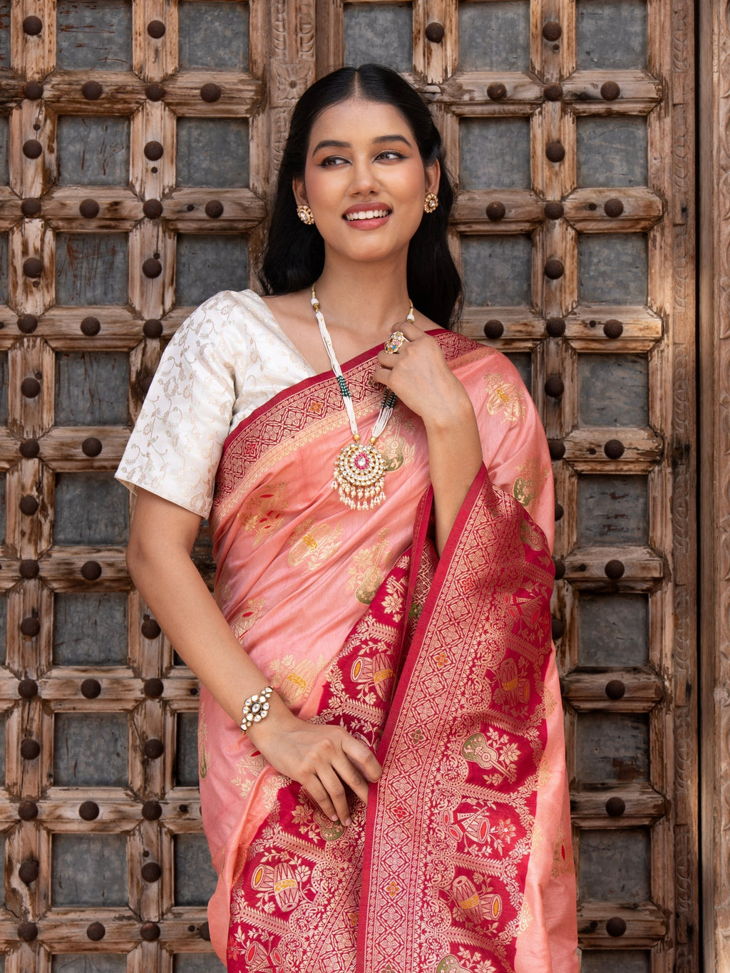 Peach Shaded Motif Pure Katan silk Banarasi Handloom Saree