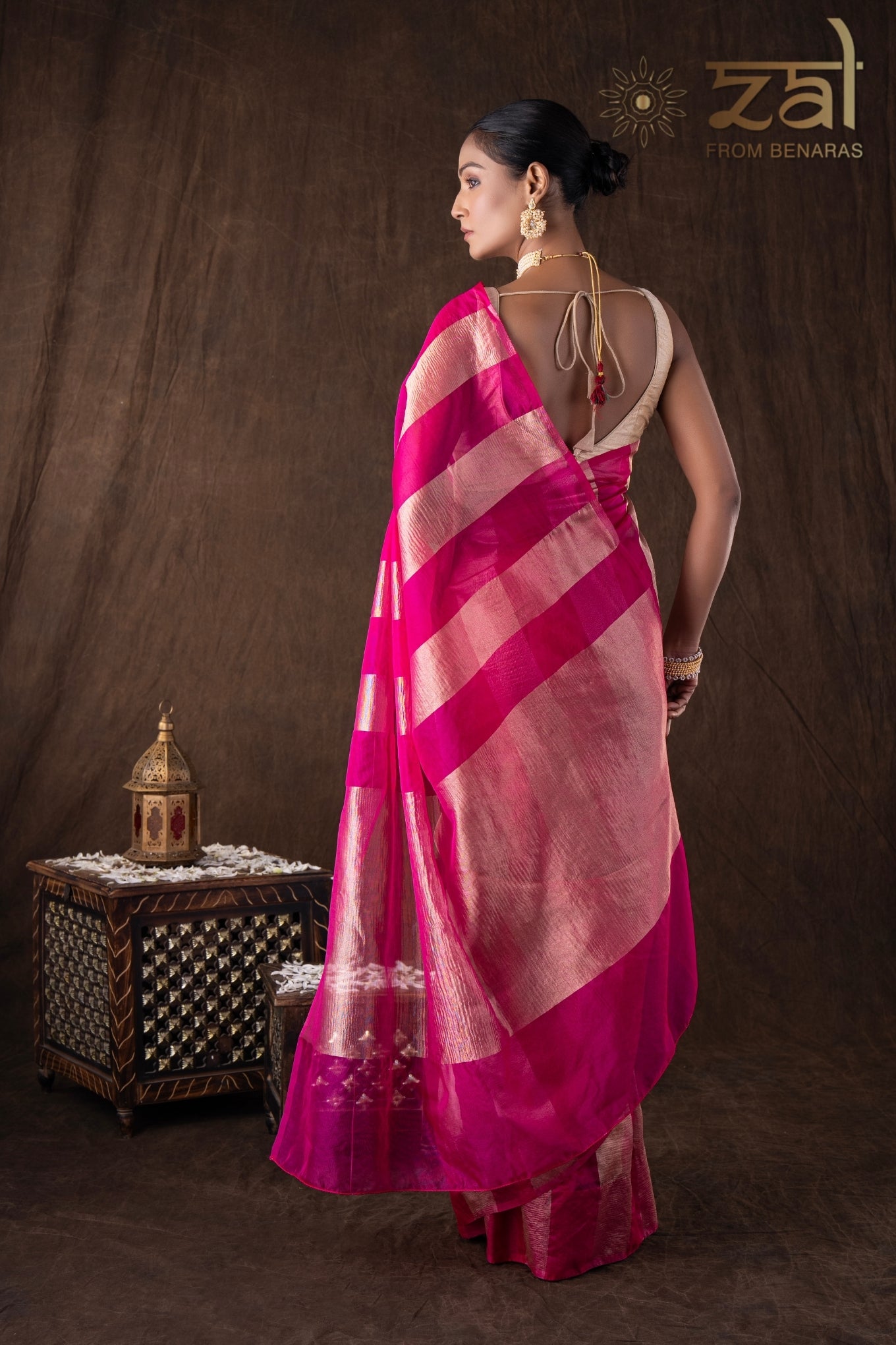 Pink Zari Stripe Moonga Tissue Silk Banarasi Handloom saree