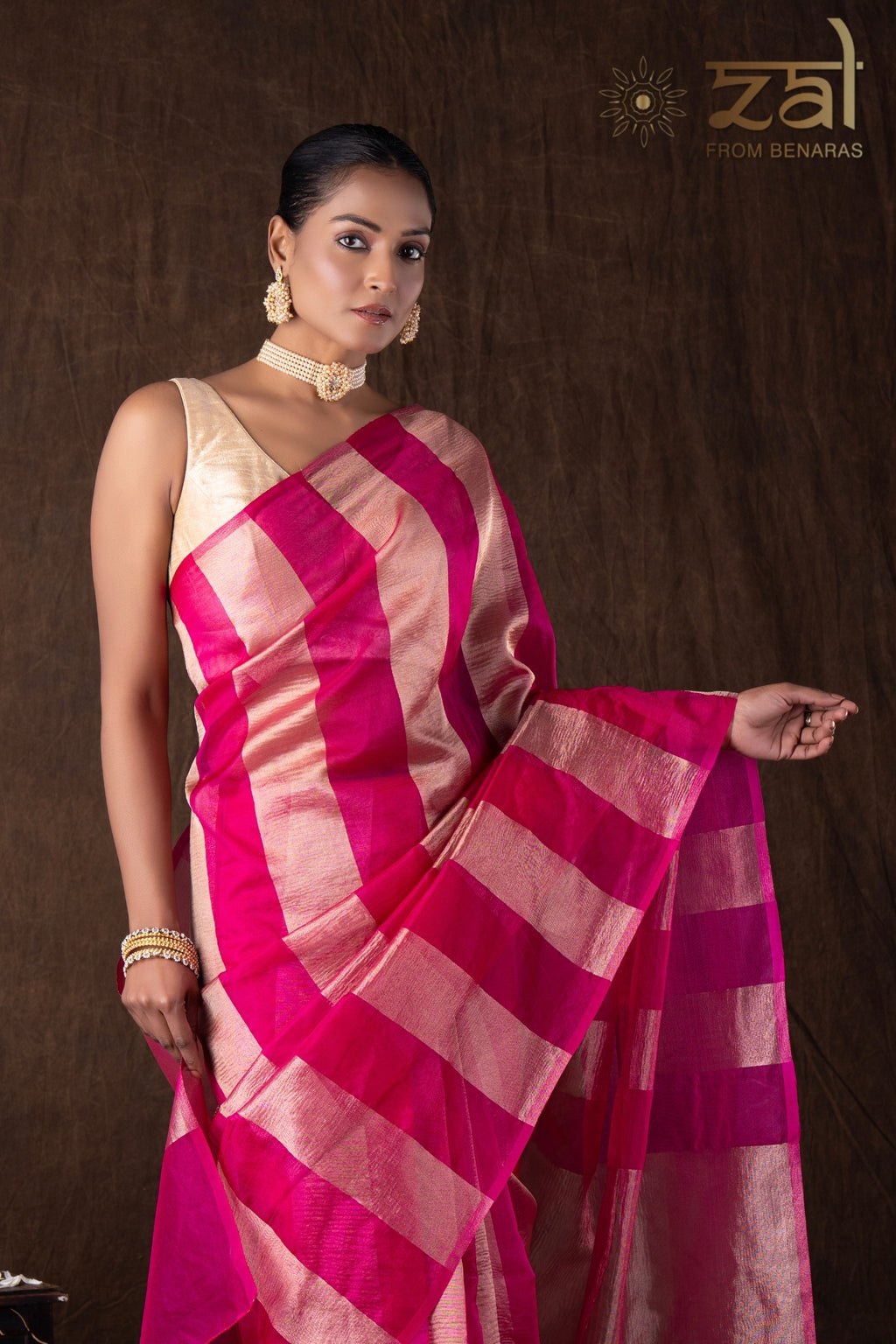 Pink Zari Stripe Moonga Tissue Silk Banarasi Handloom saree