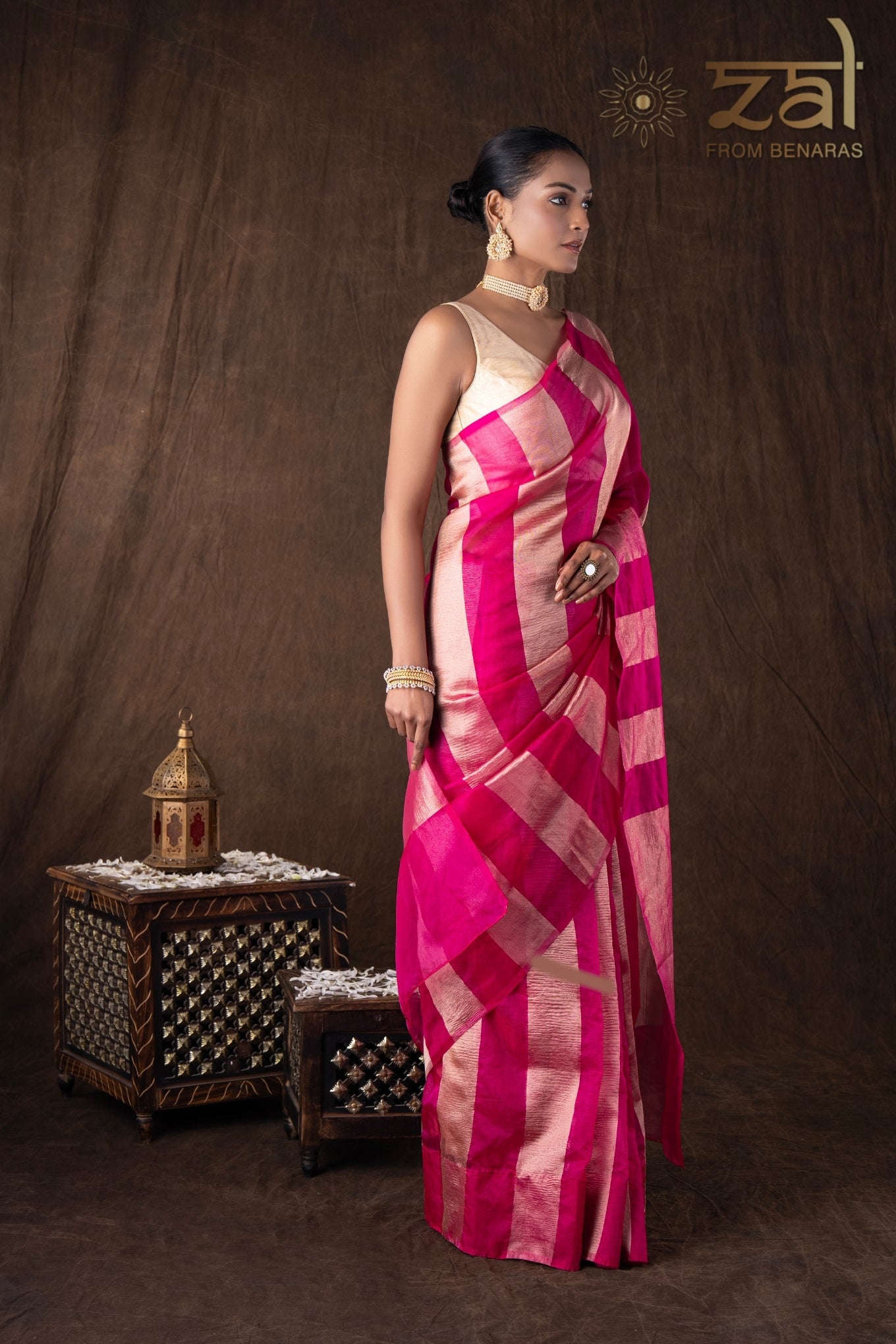 Pink Zari Stripe Moonga Tissue Silk Banarasi Handloom saree
