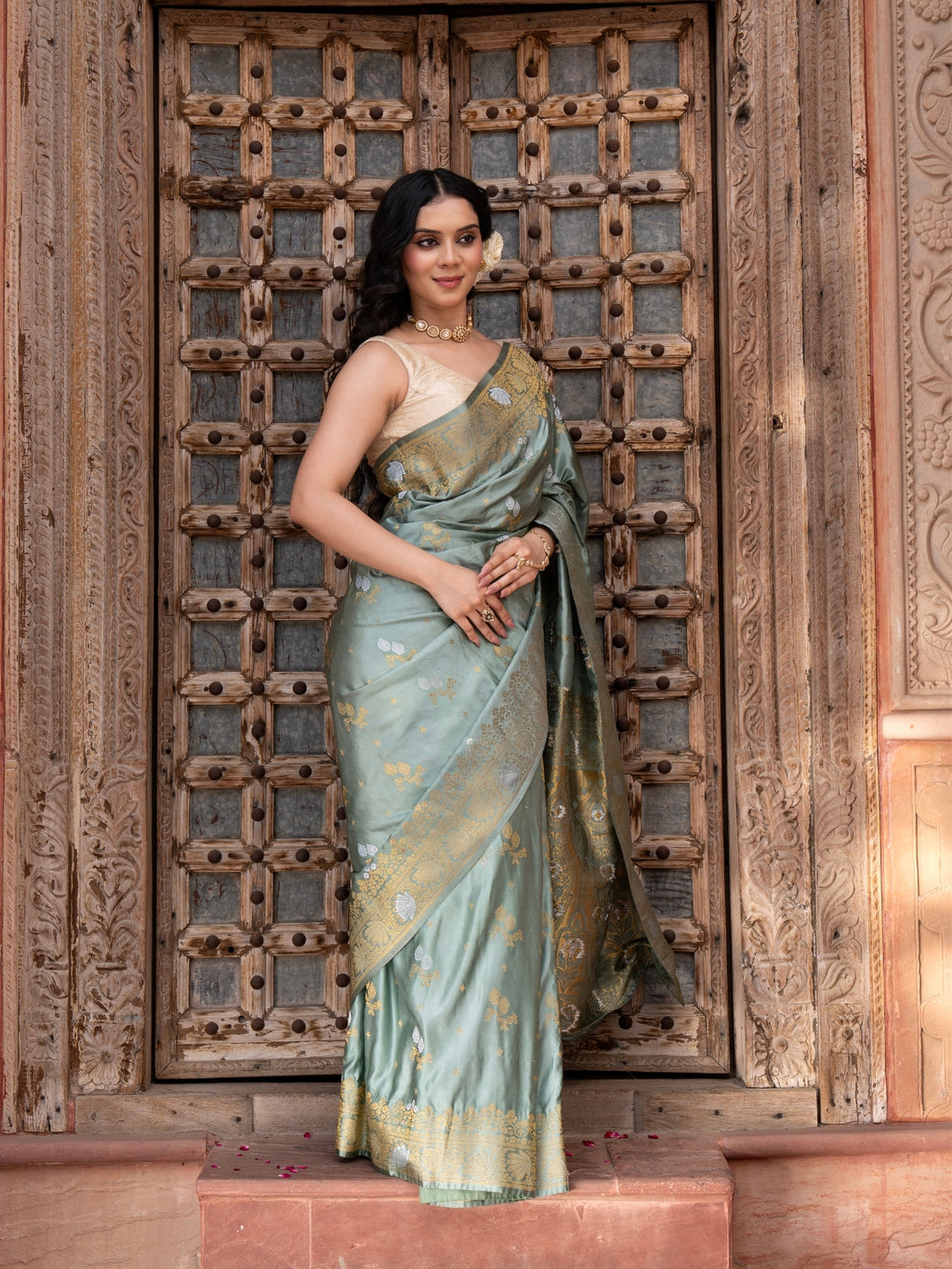 Seafoam Green Pure Katan Silk Banarasi Handloom Saree