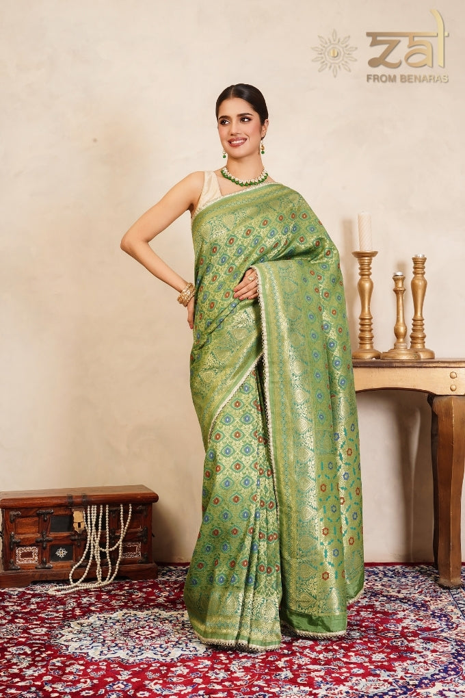 Pista Green Pure Silk Brocade Banarasi Meenakari Handloom Saree