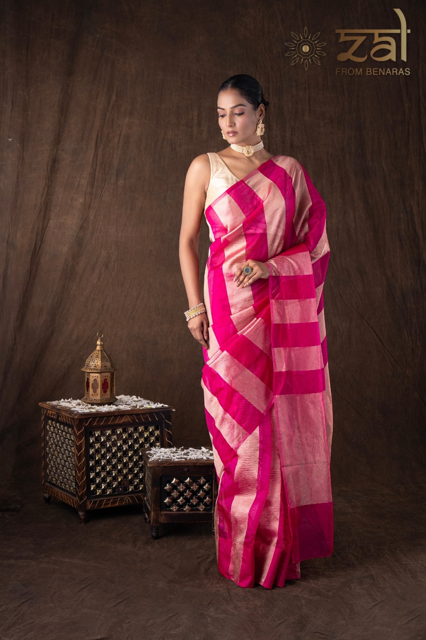 Pink Zari Stripe Moonga Tissue Silk Banarasi Handloom saree