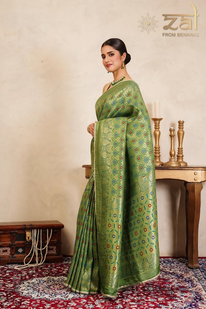 Pista Green Pure Silk Brocade Banarasi Meenakari Handloom Saree