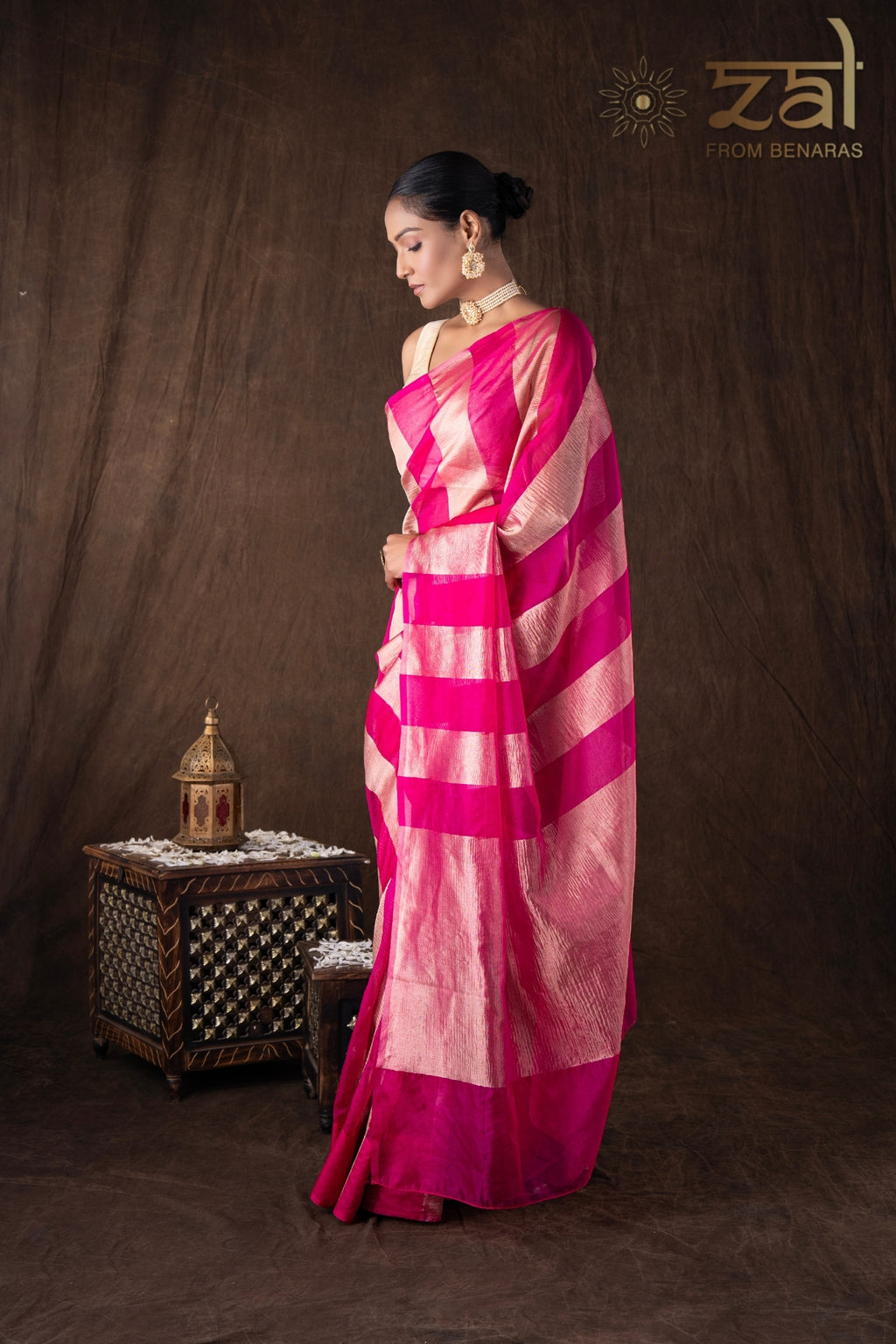 Pink Zari Stripe Moonga Tissue Silk Banarasi Handloom saree