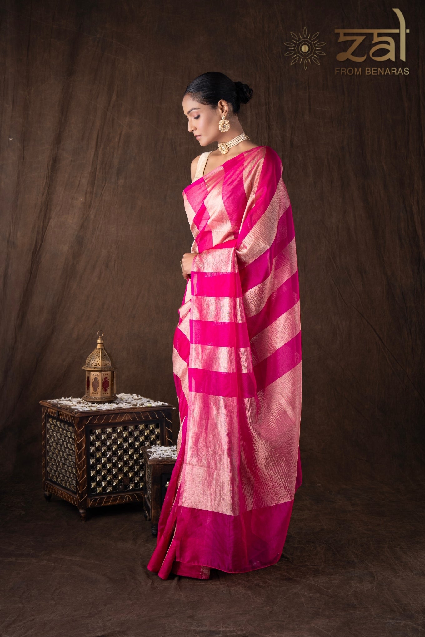 Pink Zari Stripe Moonga Tissue Silk Banarasi Handloom saree