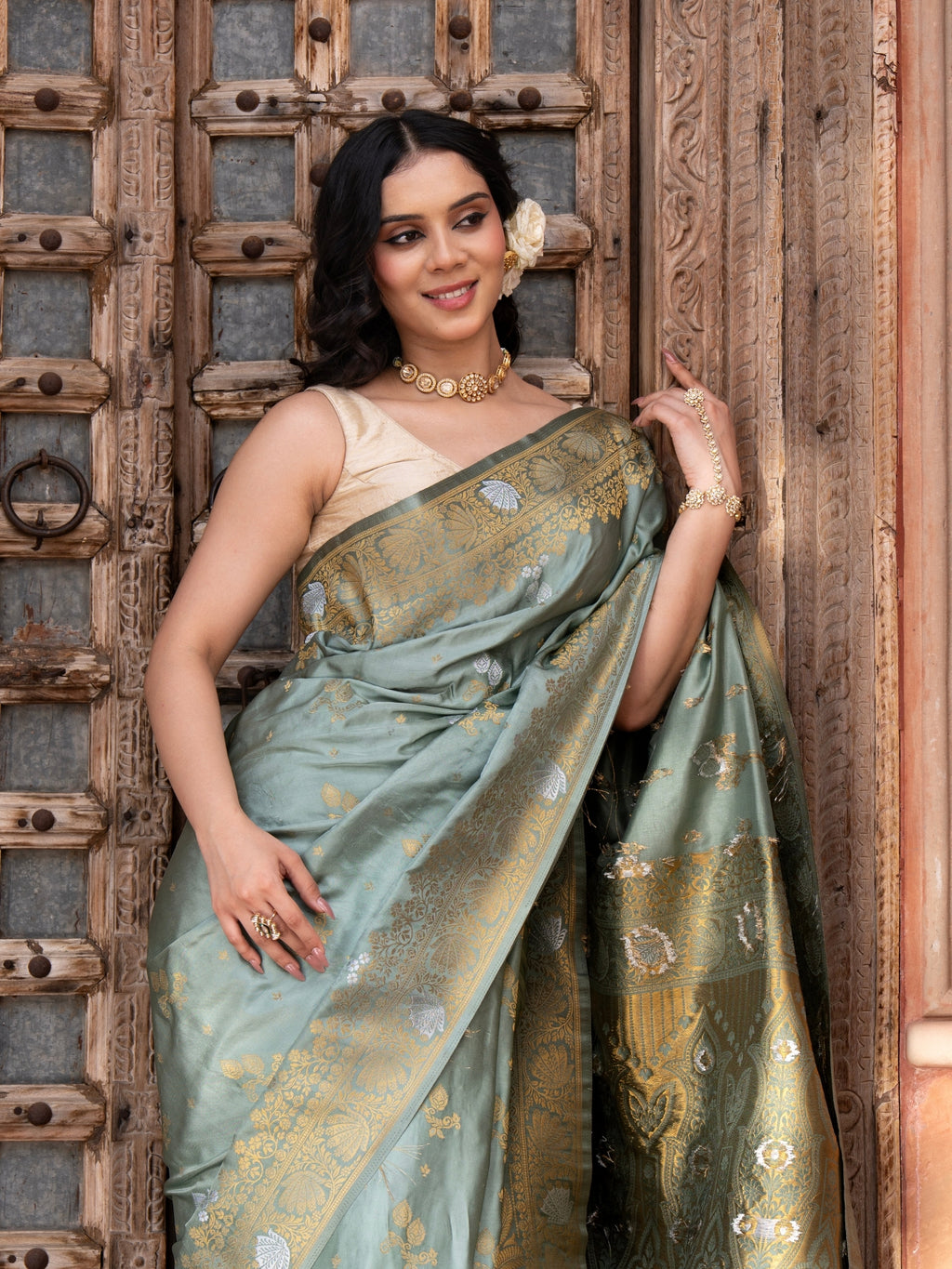 Seafoam Green Pure Katan Silk Banarasi Handloom Saree