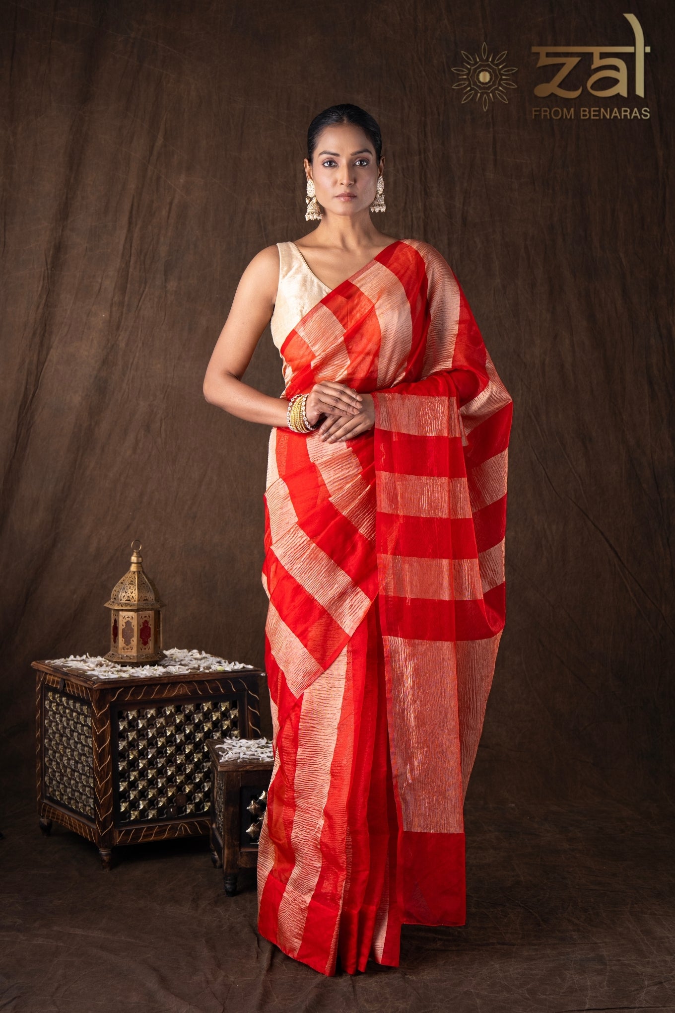 Red Zari Stripe Moonga Tissue Silk Banarasi Handloom saree