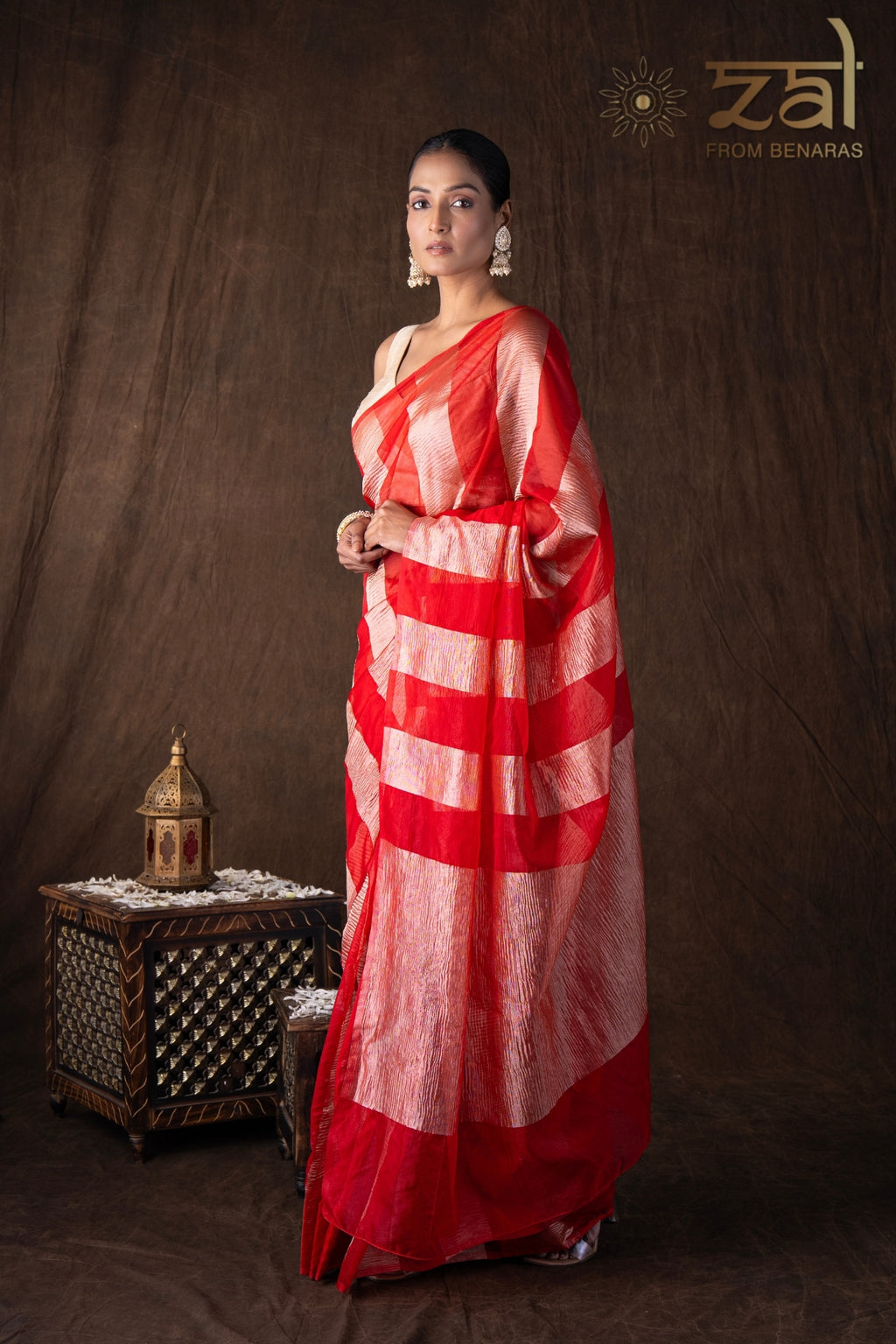 Red Zari Stripe Moonga Tissue Silk Banarasi Handloom saree