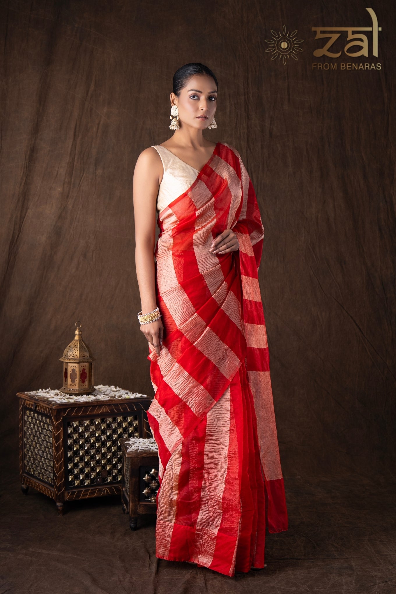 Red Zari Stripe Moonga Tissue Silk Banarasi Handloom saree