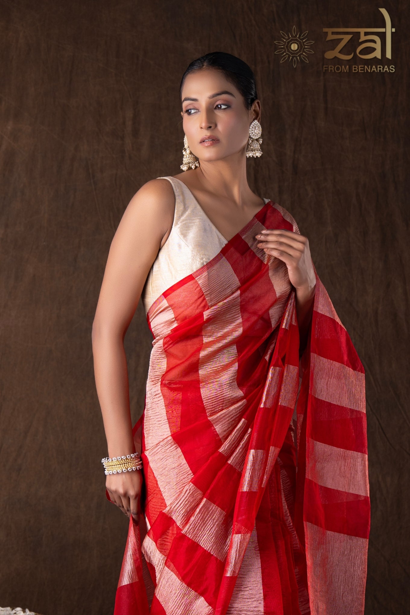 Red Zari Stripe Moonga Tissue Silk Banarasi Handloom saree