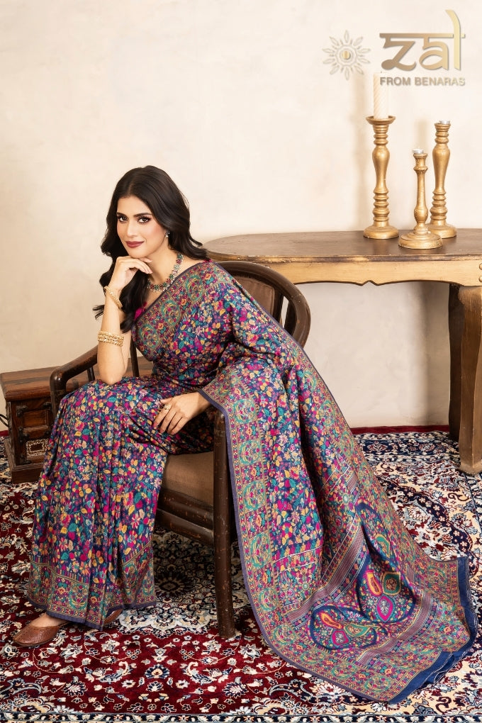 Blue Pure Silk Banarasi Meenakari Handloom Saree