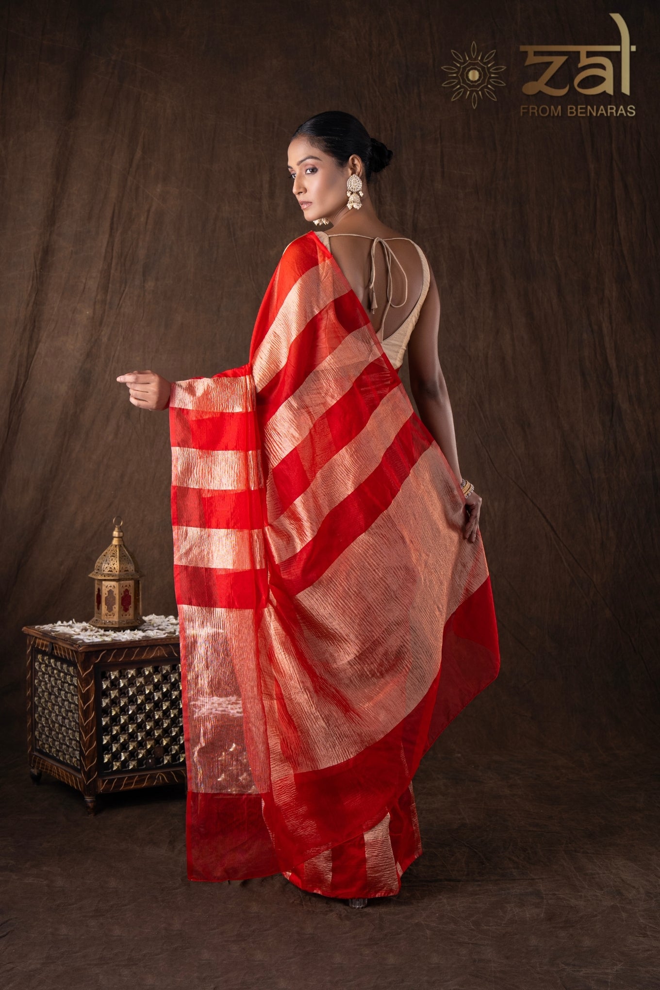 Red Zari Stripe Moonga Tissue Silk Banarasi Handloom saree