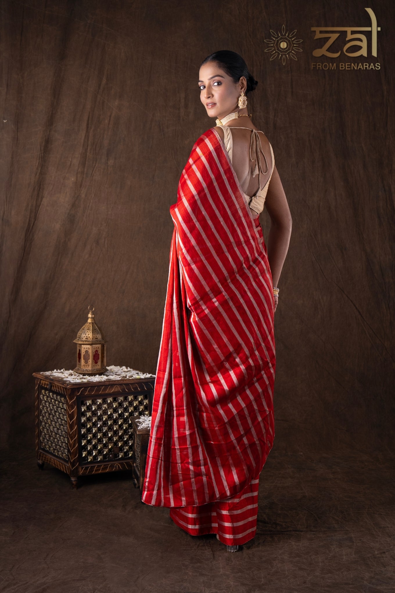 Red Pure Chanderi Silver Stripe Banarasi Handloom Saree