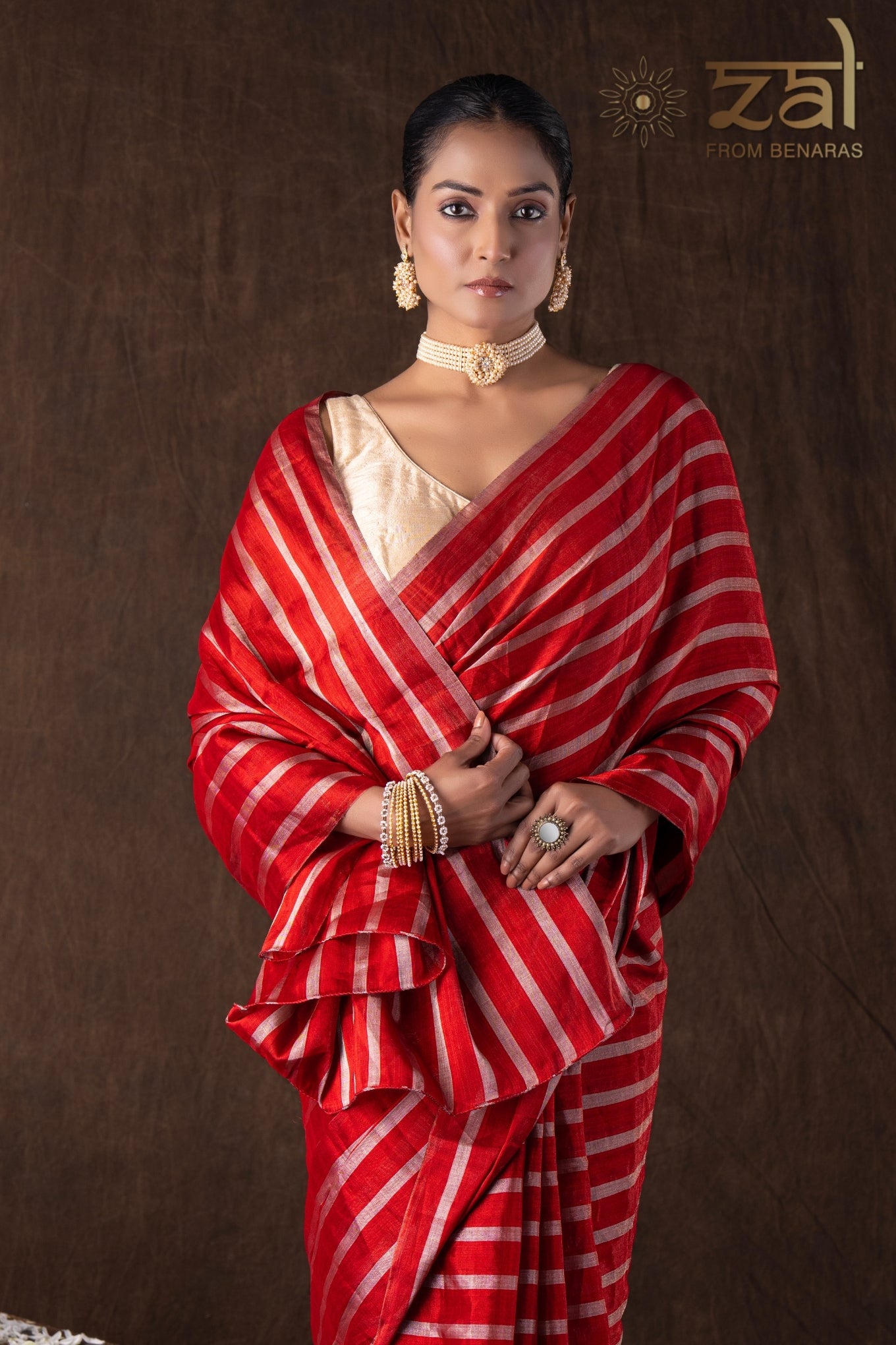 Red Pure Chanderi Silver Stripe Banarasi Handloom Saree
