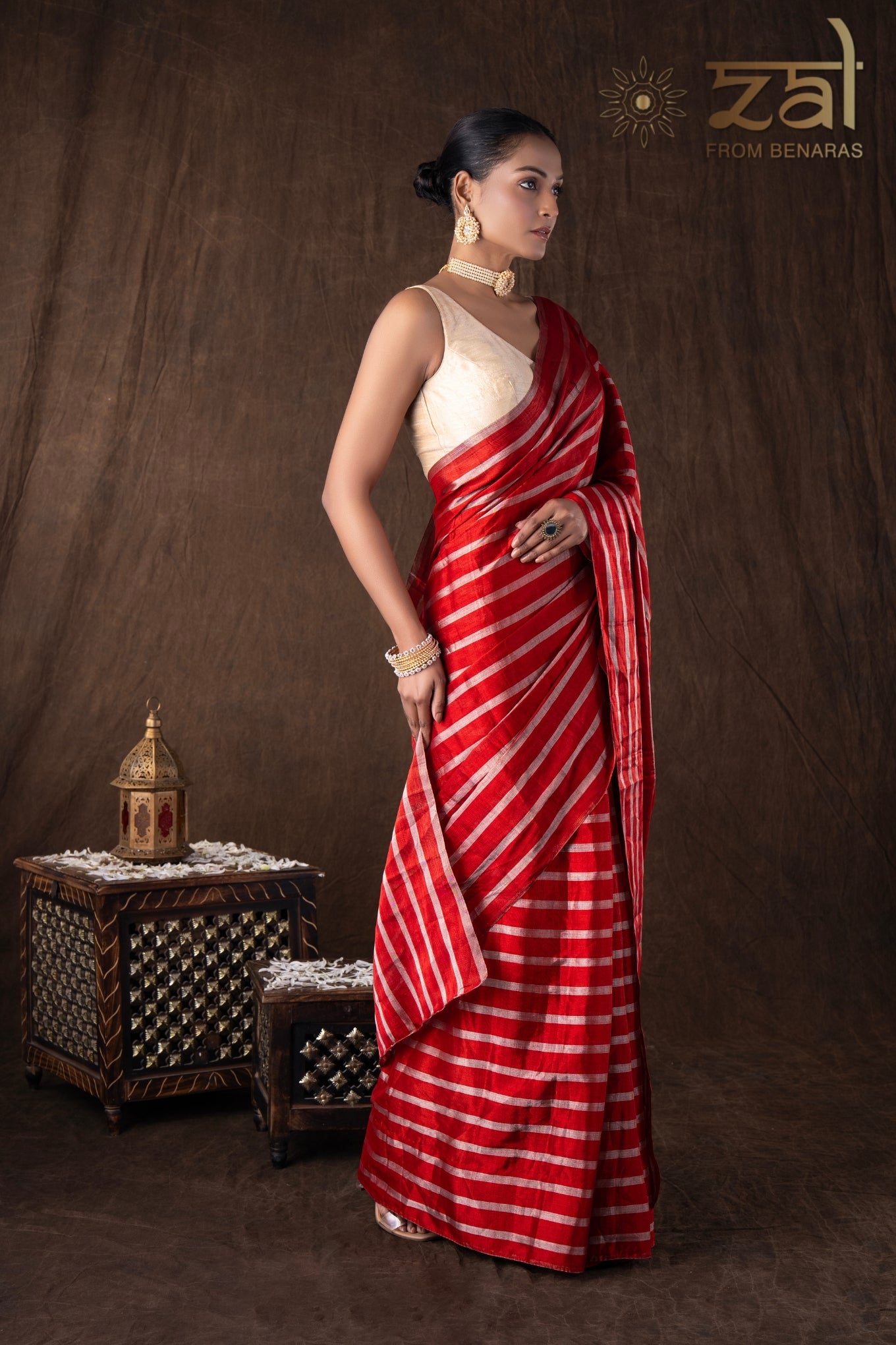 Red Pure Chanderi Silver Stripe Banarasi Handloom Saree
