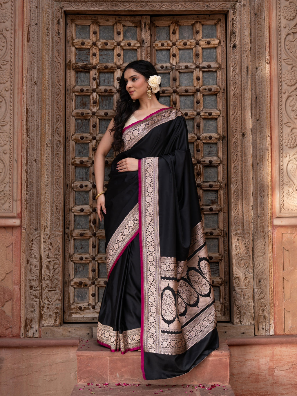 Black Pure Katan Satin Silk Banarasi Handloom Saree