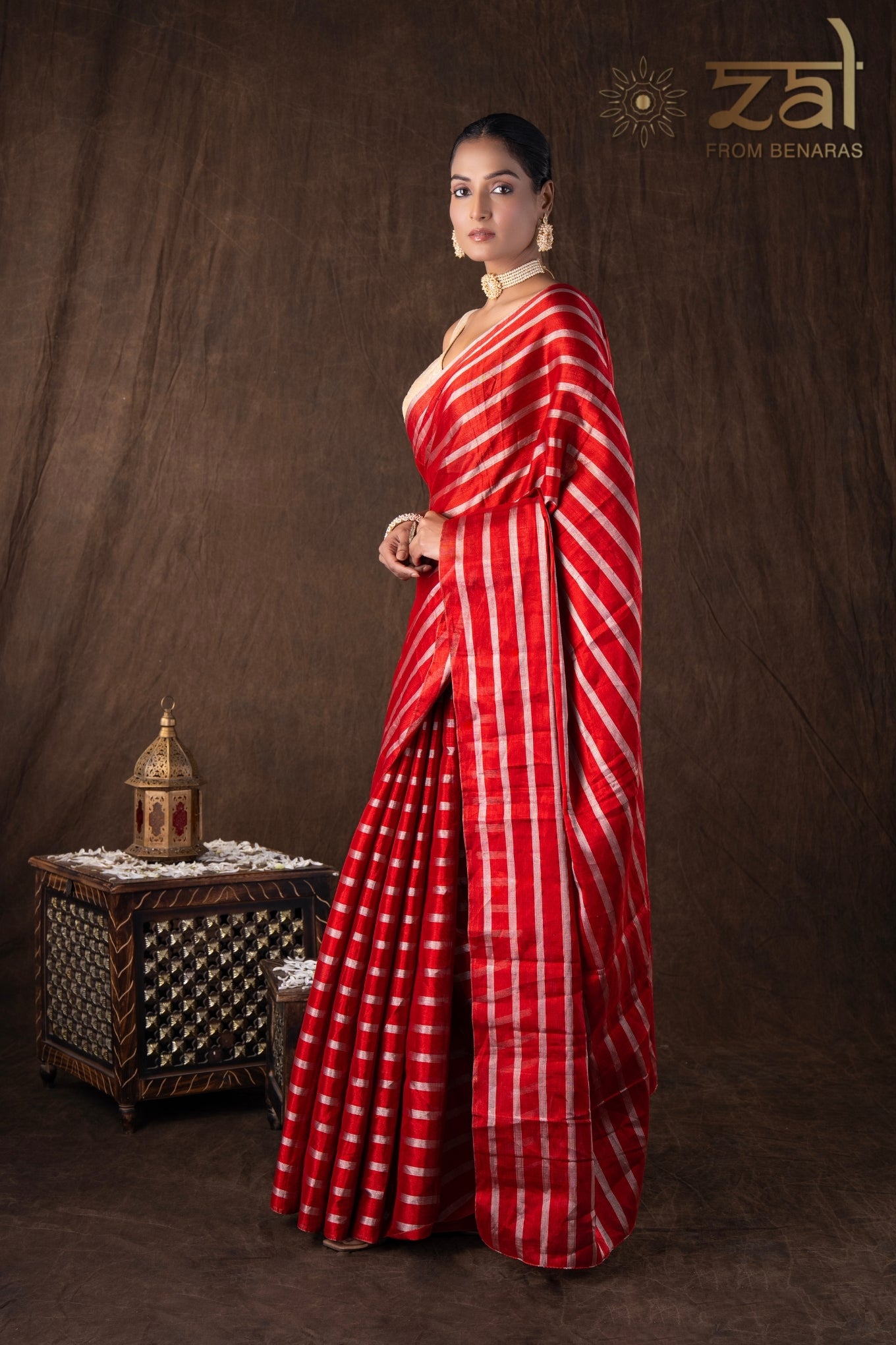 Red Pure Chanderi Silver Stripe Banarasi Handloom Saree