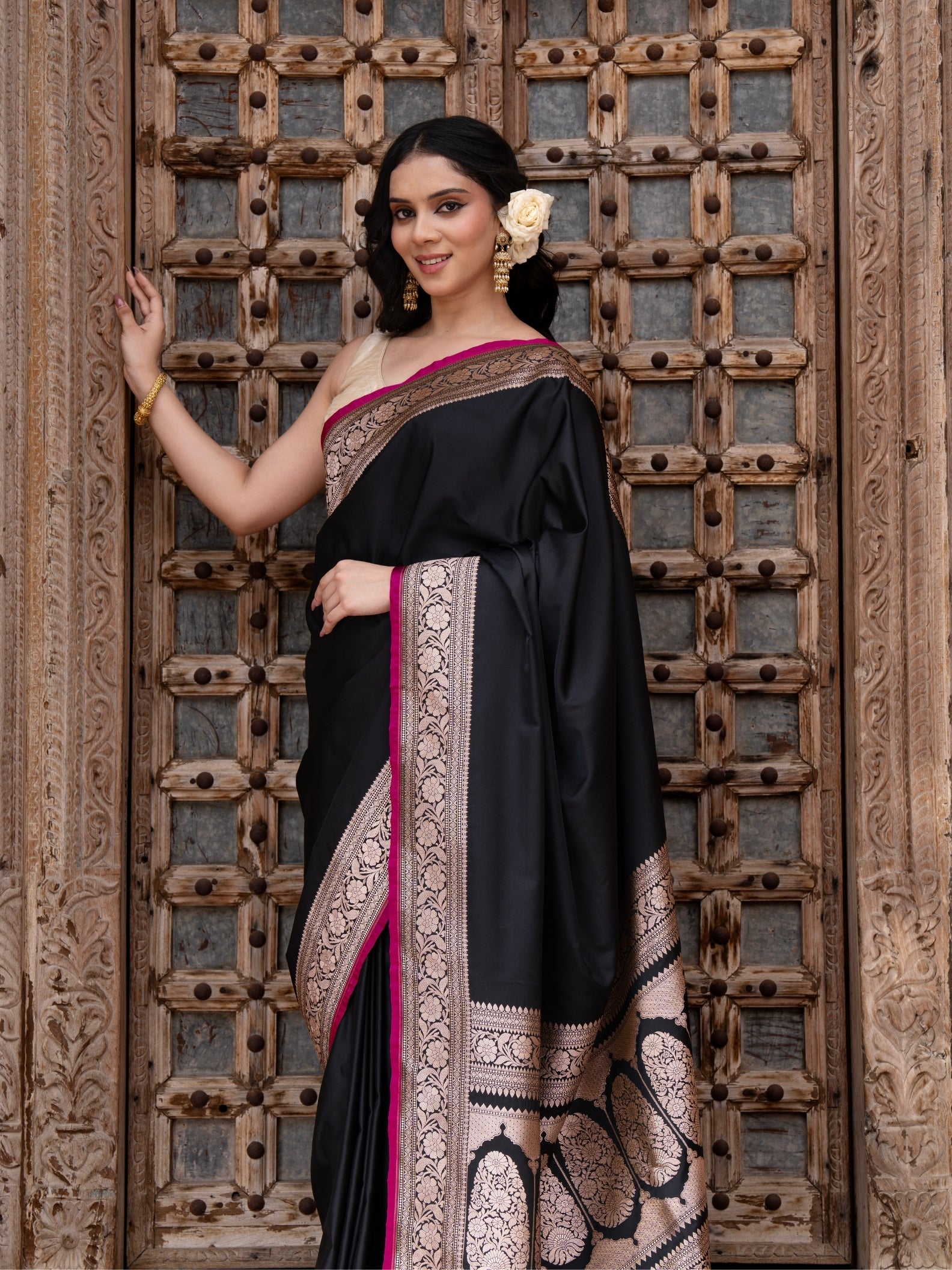 Black Pure Katan Satin Silk Banarasi Handloom Saree