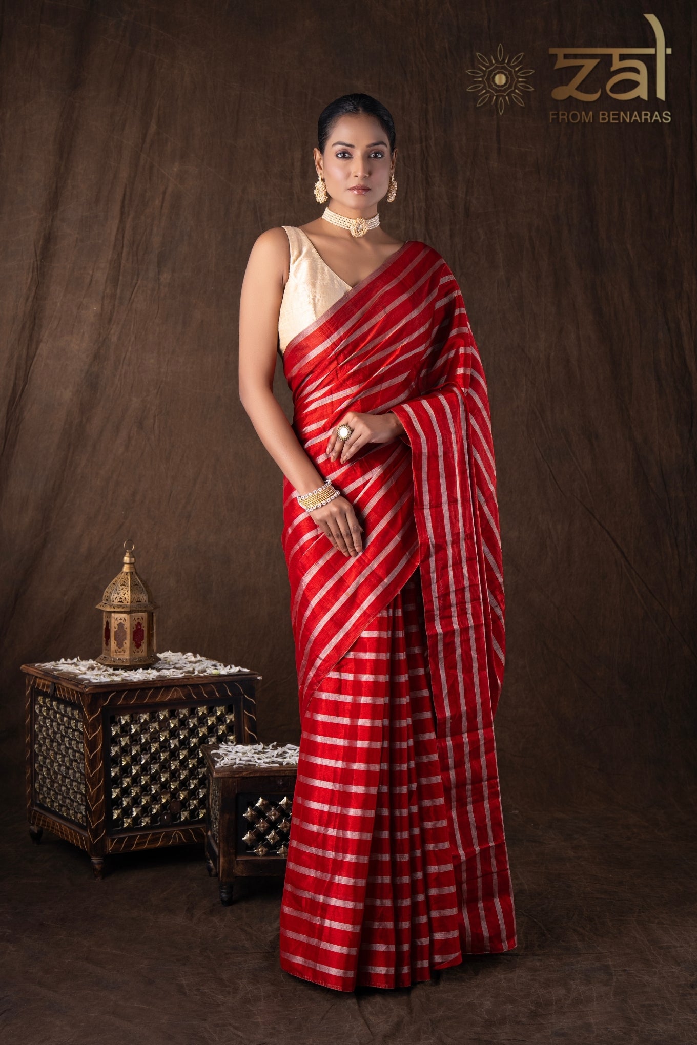 Red Pure Chanderi Silver Stripe Banarasi Handloom Saree