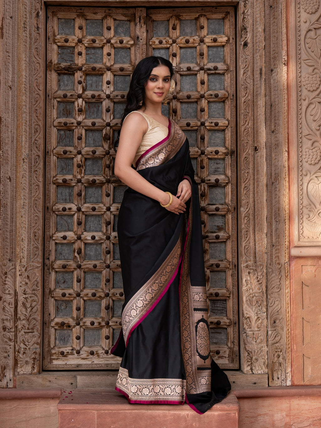 Black Pure Katan Satin Silk Banarasi Handloom Saree