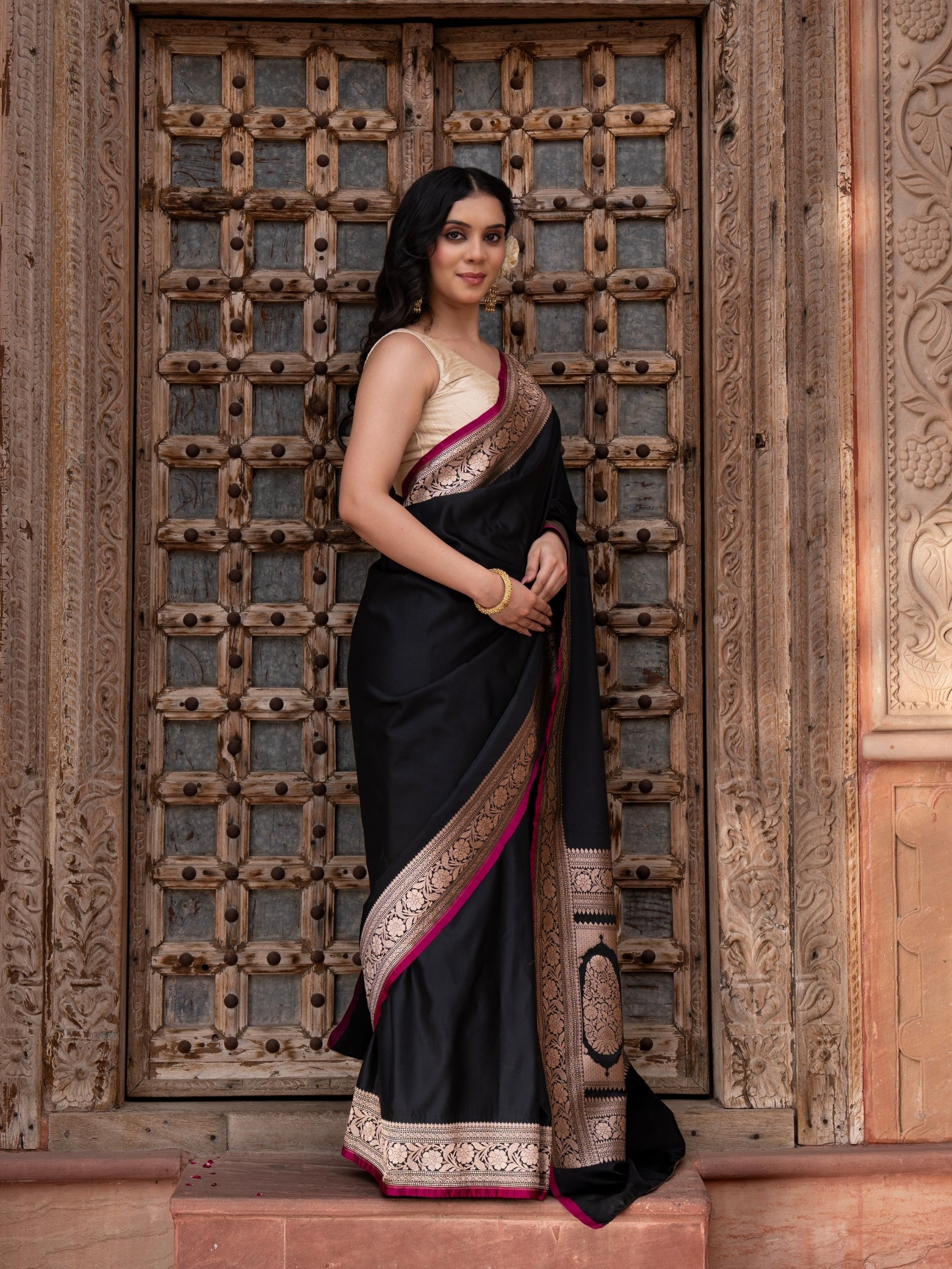 Black Pure Katan Satin Silk Banarasi Handloom Saree