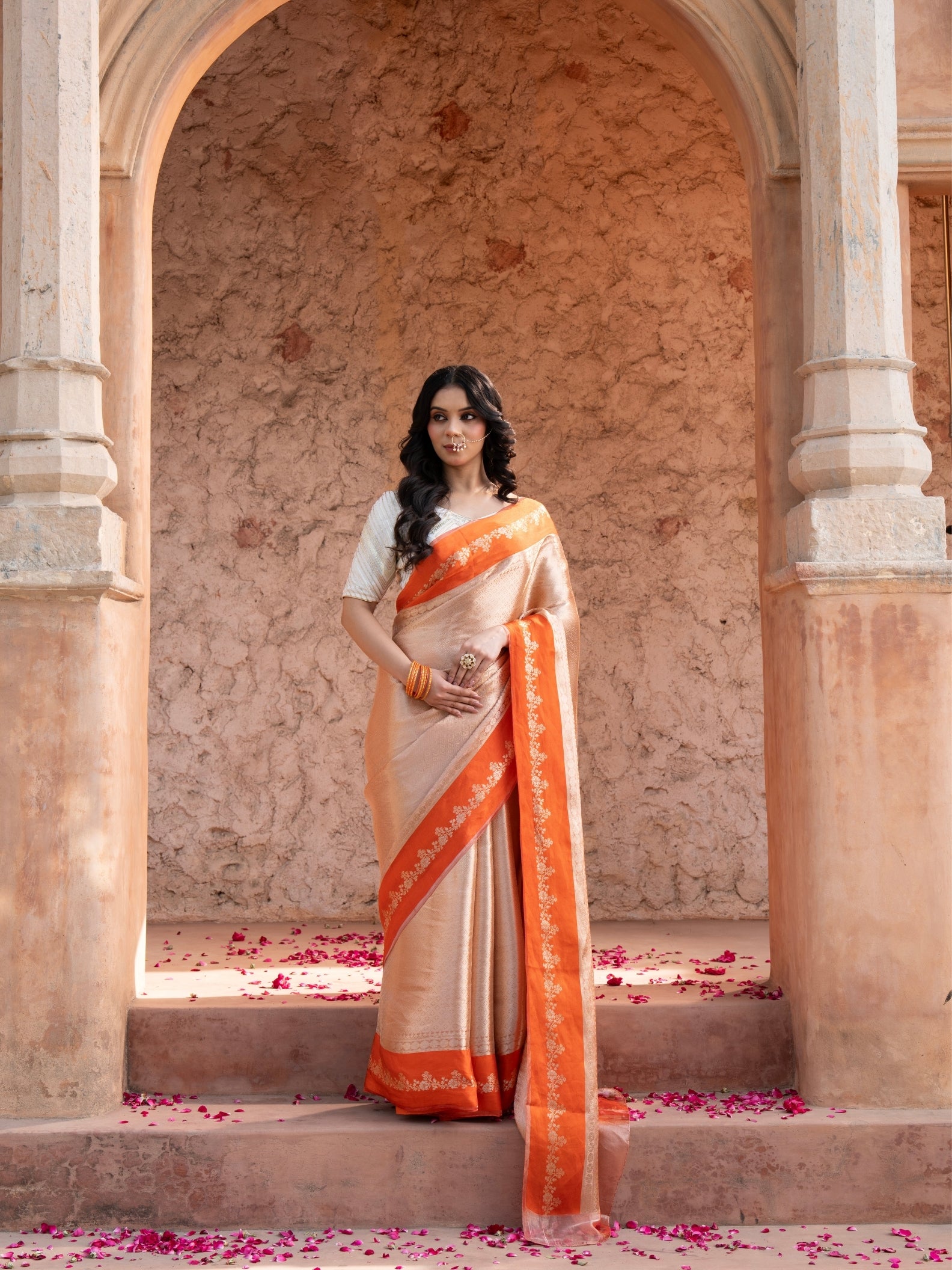 Orange Pure Tissue Silk Banarasi Brocade Handloom Saree