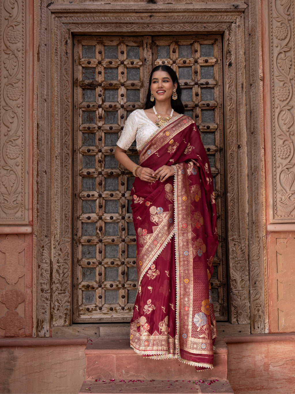 Maroon Pure Chffon Banarasi Silk Handllom Saree