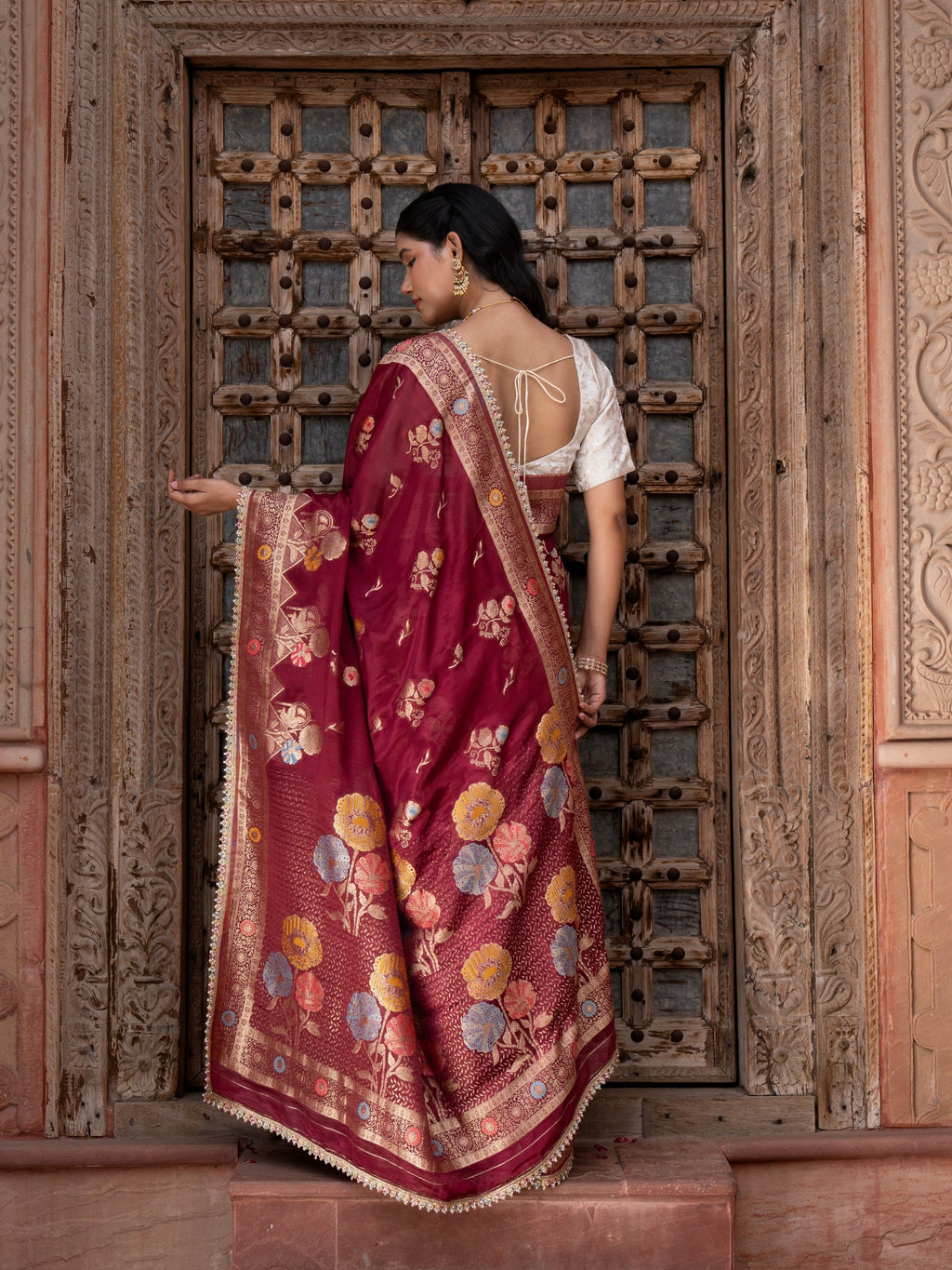 Maroon Pure Chffon Banarasi Silk Handllom Saree