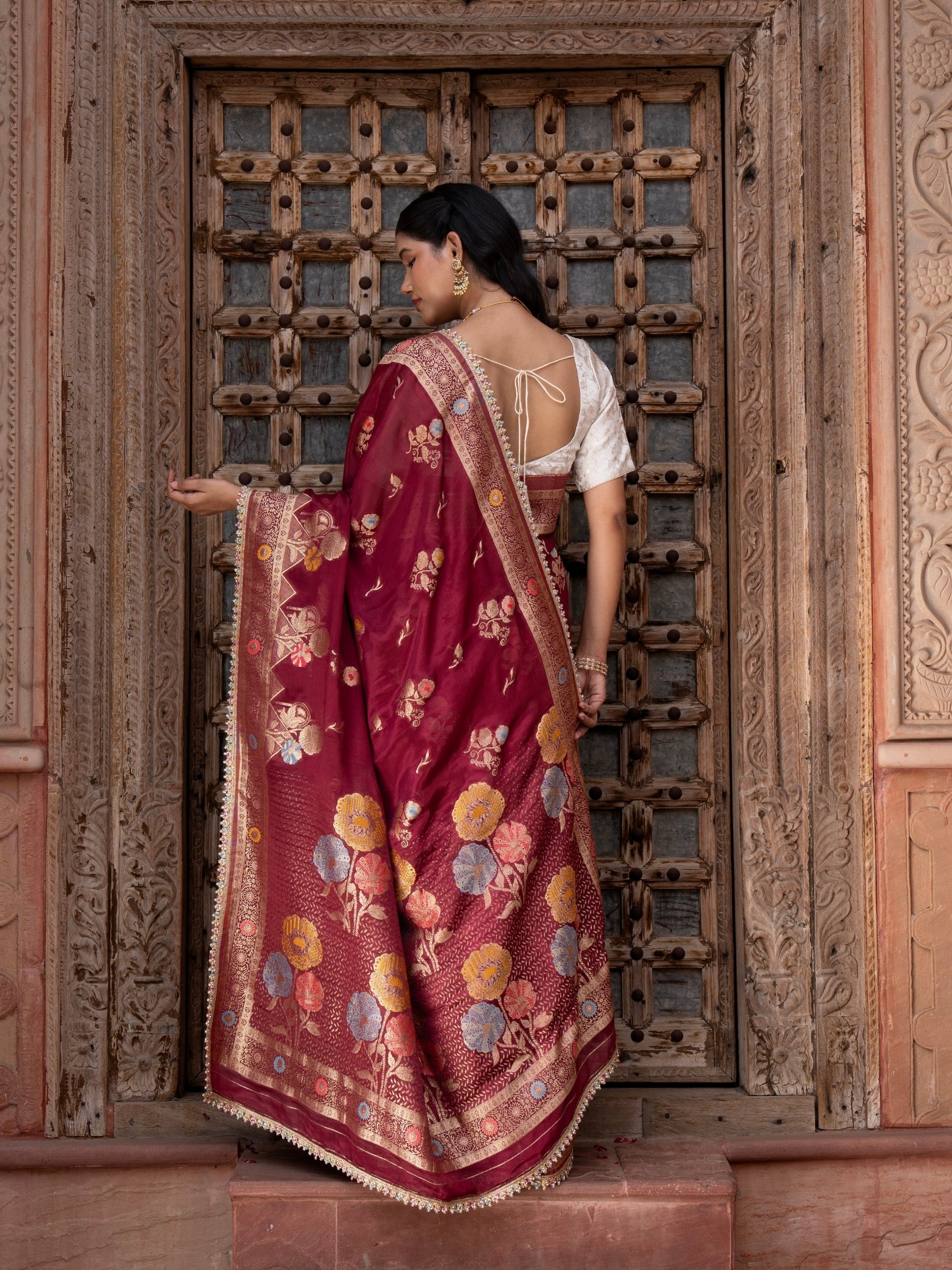Maroon Pure Chffon Banarasi Silk Handllom Saree