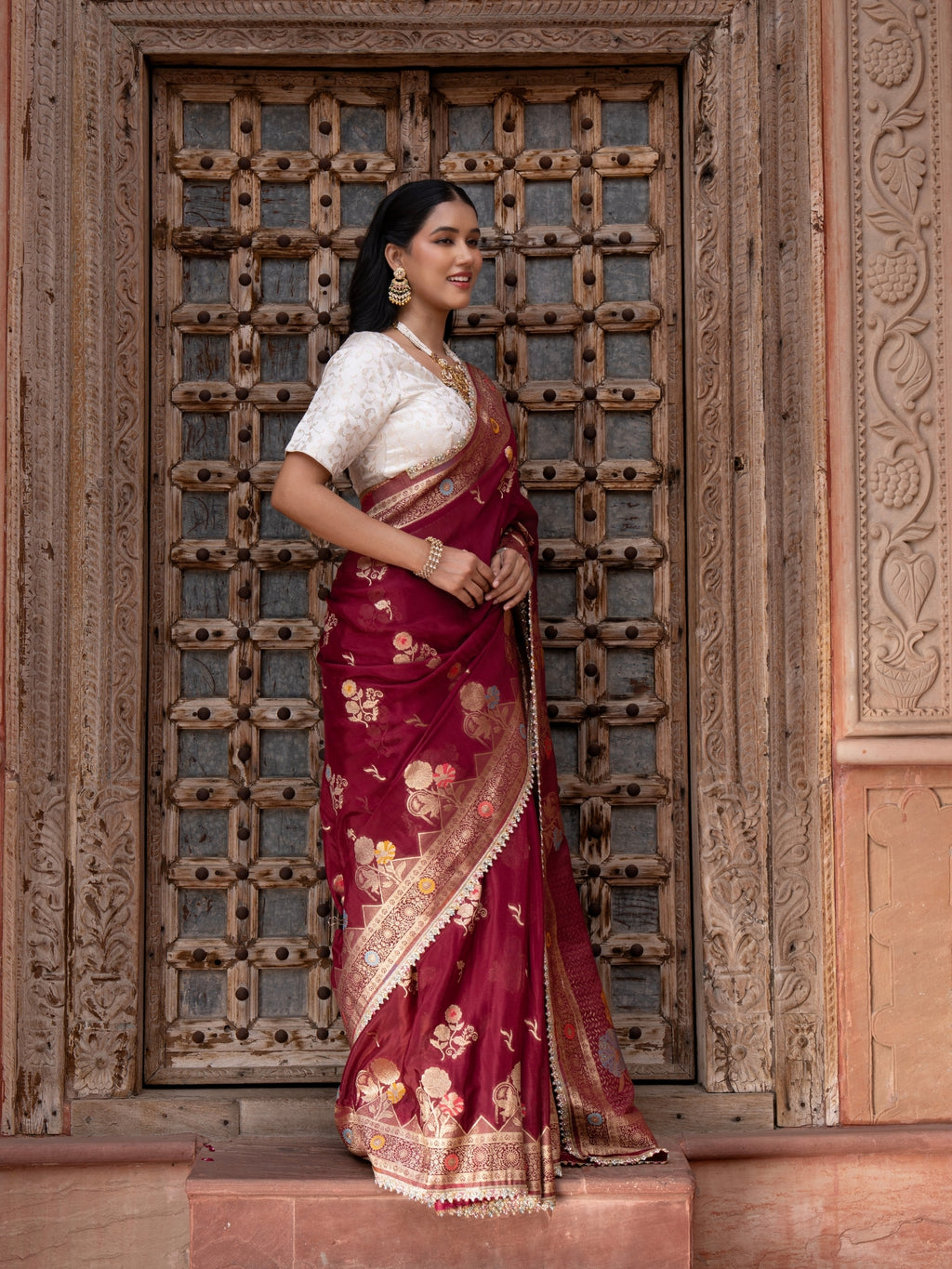 Maroon Pure Chffon Banarasi Silk Handllom Saree