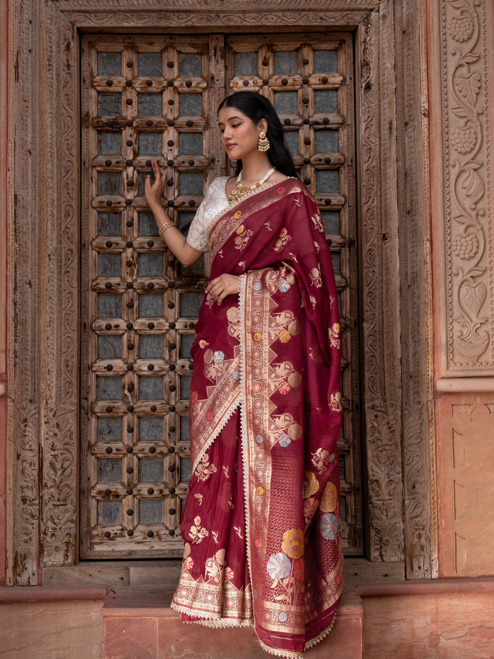 Maroon Pure Chffon Banarasi Silk Handllom Saree