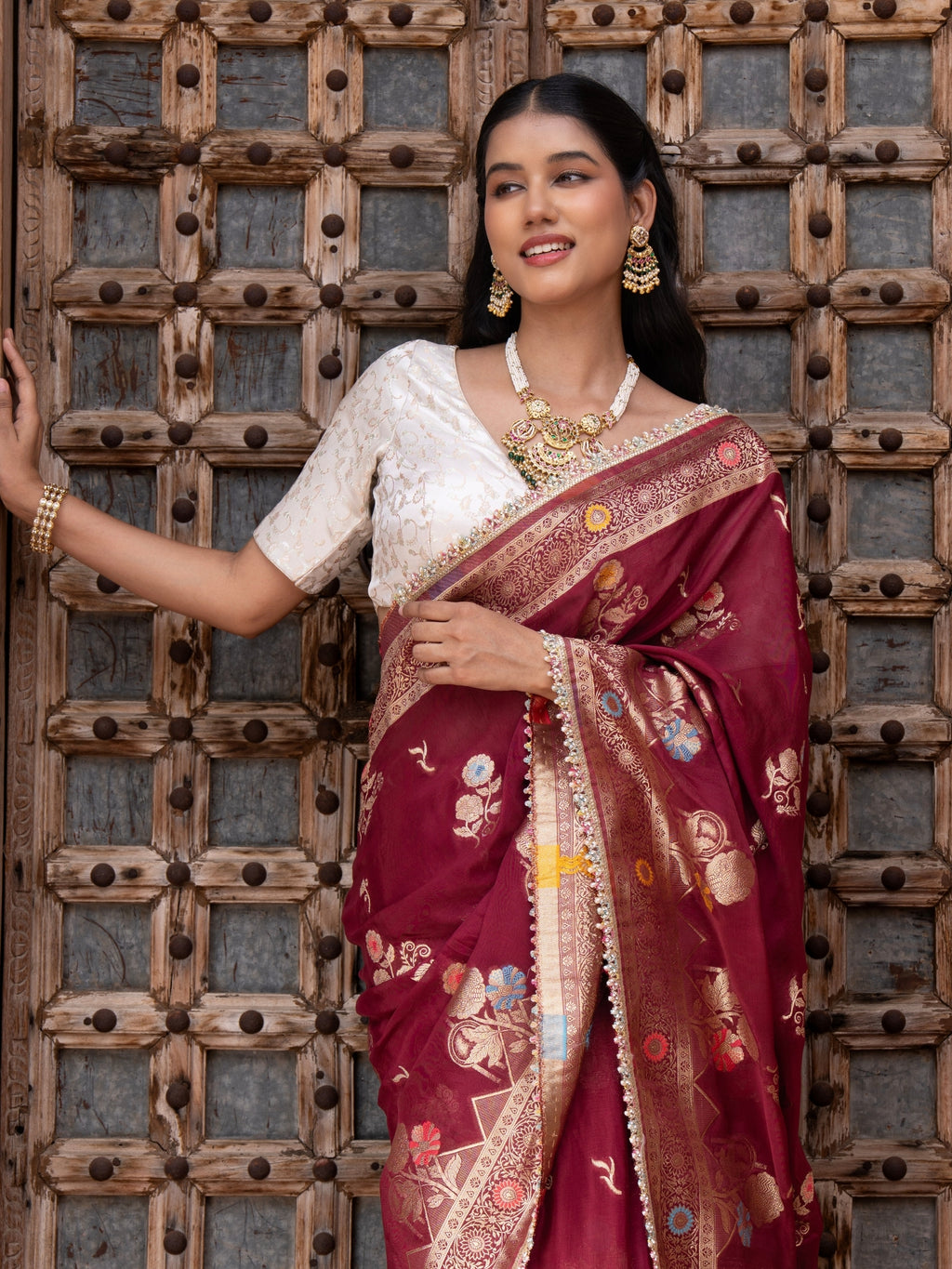 Maroon Pure Chffon Banarasi Silk Handllom Saree