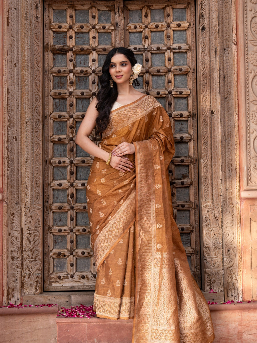 Coffee Pure Katan Silk Banarasi Handloom Saree