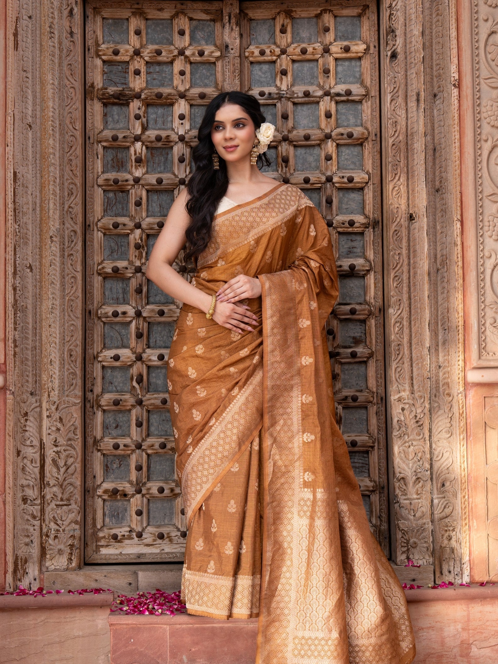 Coffee Pure Katan Silk Banarasi Handloom Saree