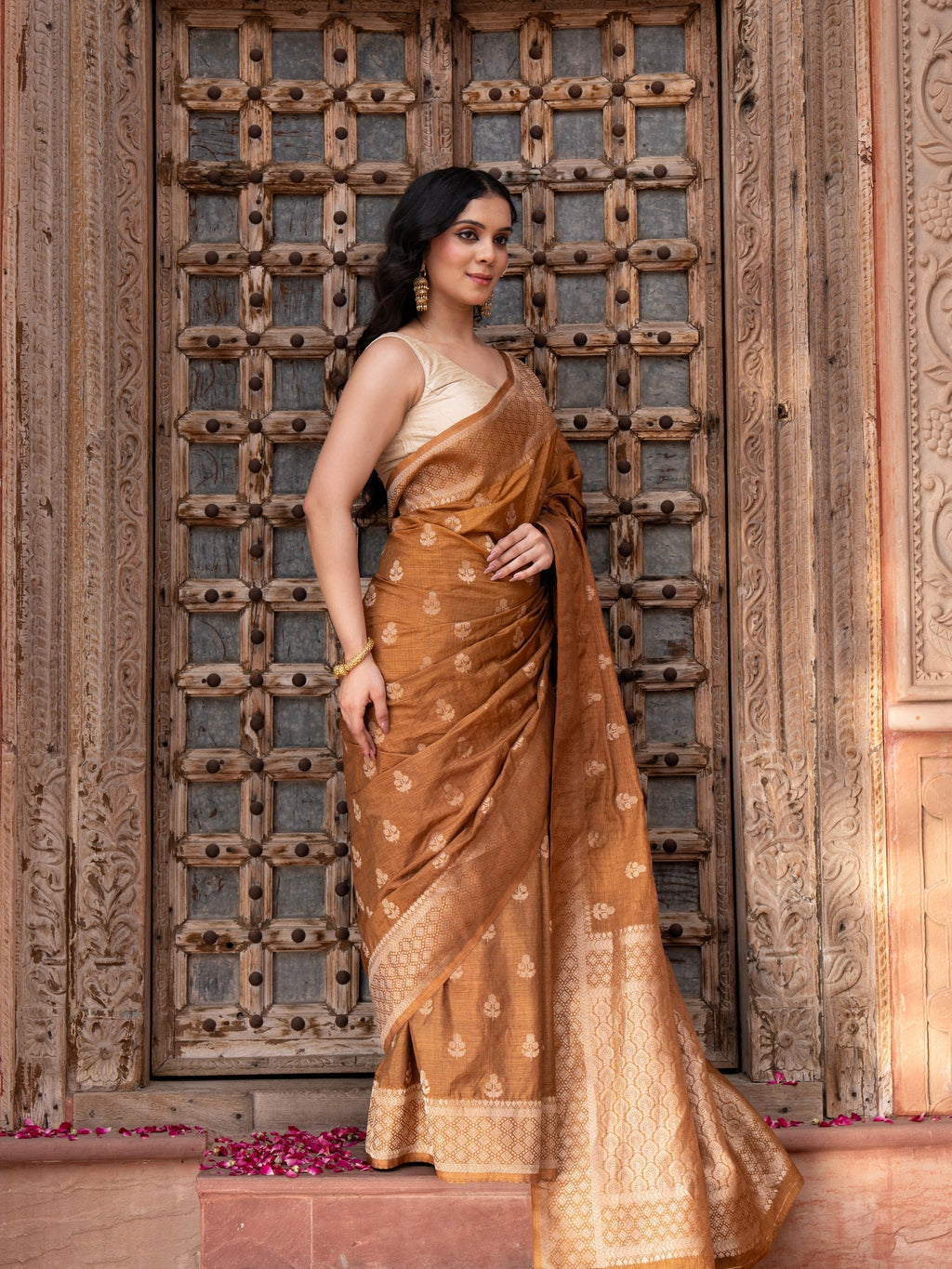 Coffee Pure Katan Silk Banarasi Handloom Saree