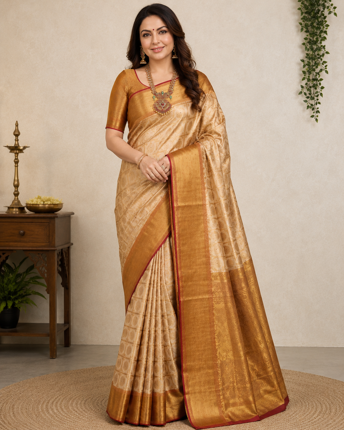 Antique Gold Pure Silk Tanchui Kanjeevaram Handloom Saree