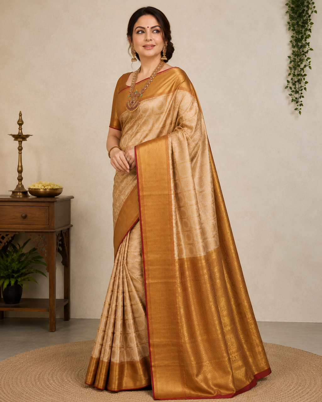 Antique Gold Pure Silk Tanchui Kanjeevaram Handloom Saree